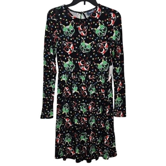 Modcloth Dresses & Skirts - Modcloth Festive Holiday Kitty Dog Christmas Print Long Sleeve Dress XL New